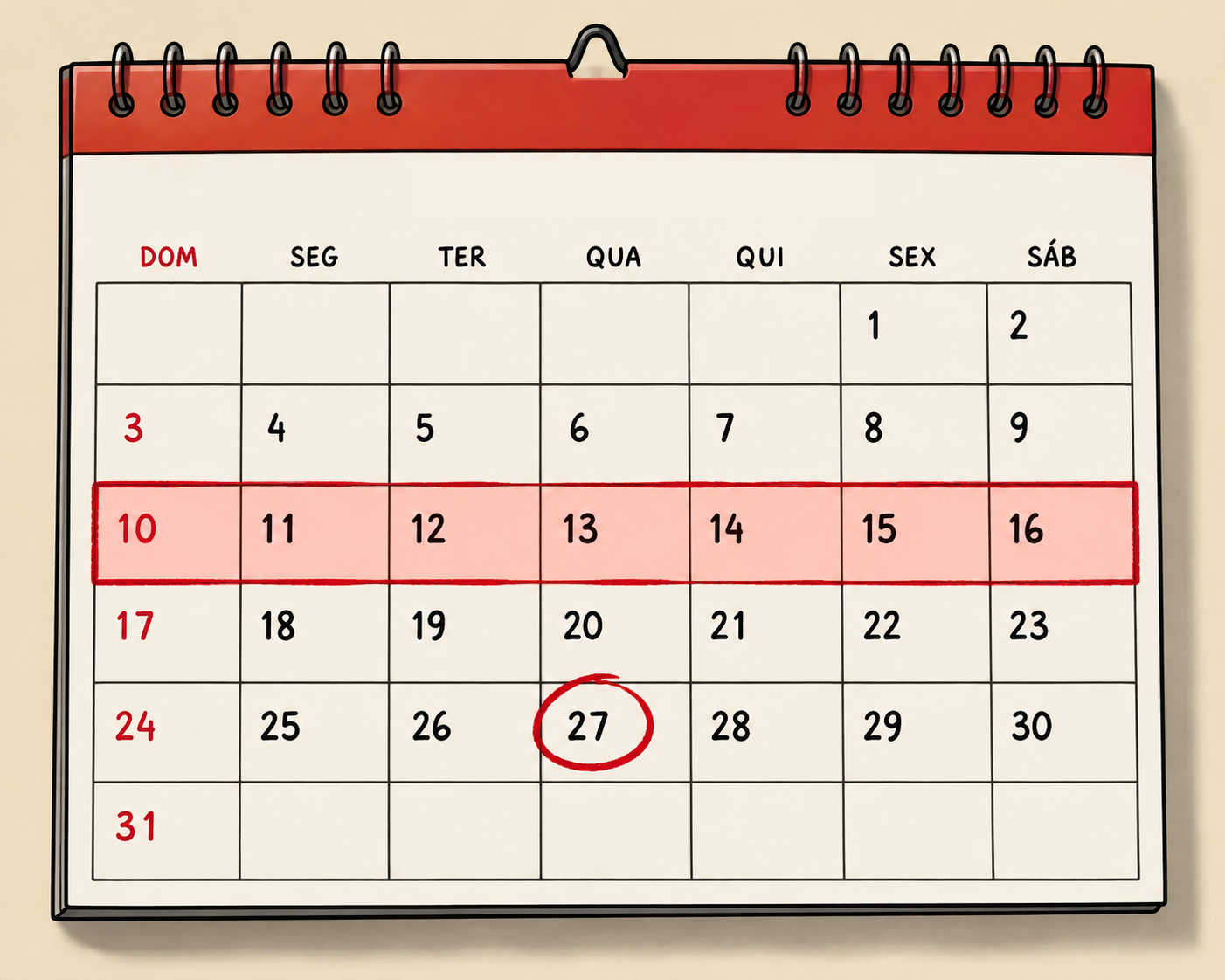 calendario com uma semana marcada em vermelho e um dia aleatório fora da semana marcada circulado. Criado com chatGPT