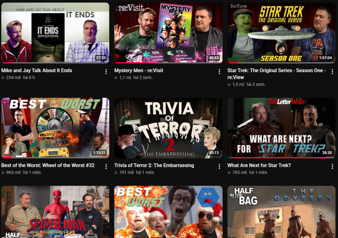 Screenshot da página de vídeos do canal RedLetterMedia no youtube em 25 de Setembro de 2026