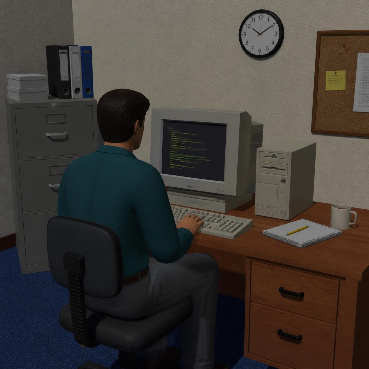 Programador trabalhando com IA no estilo render do início dos anos 90, via Canva