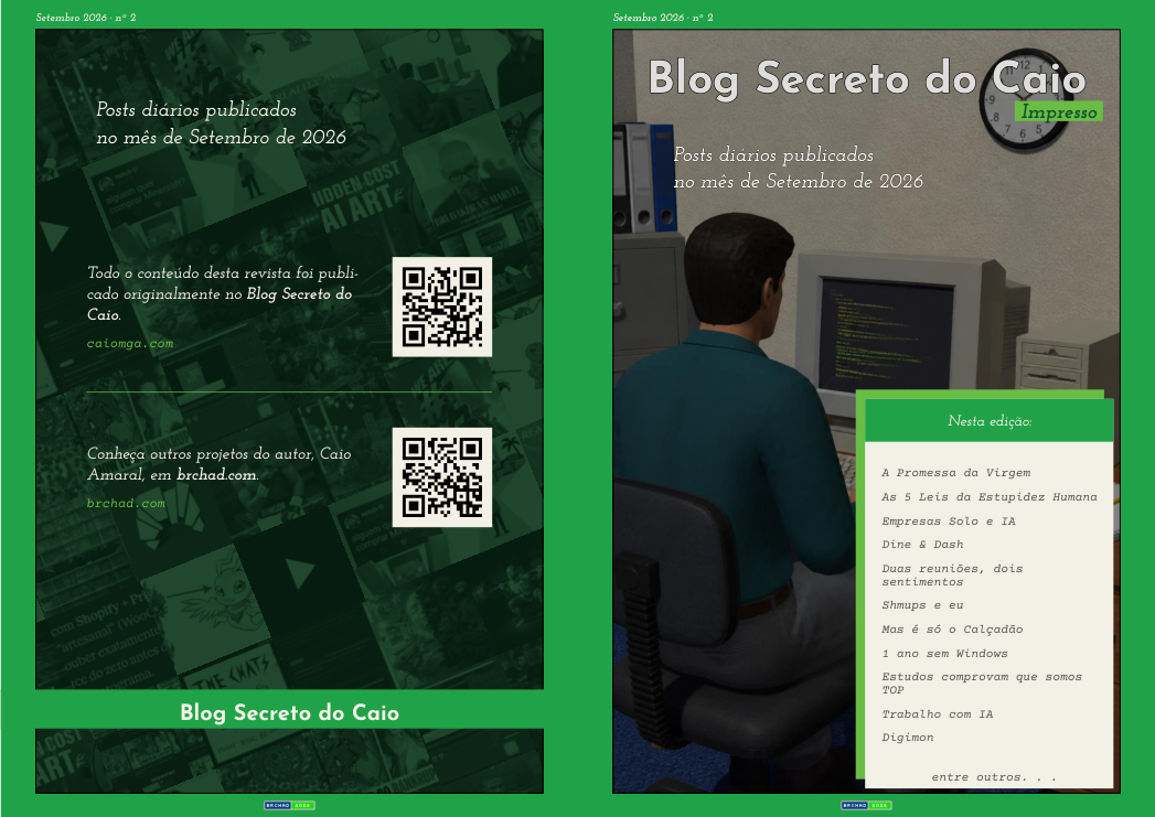 Contra-capa e capa do compilado de posts do mês de Setembro 2026 do Blog Secreto do Caio